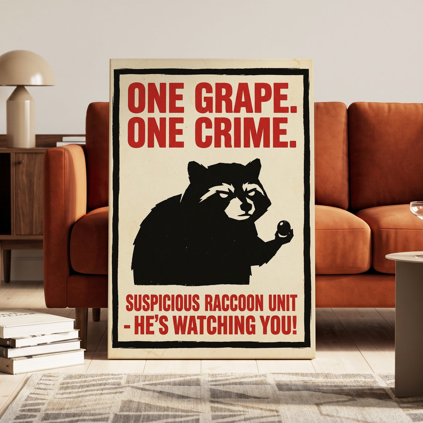 Suspicious Raccoon Unit, black, beige, red nature wall art on canvas displayed in a styled interior, gallery view 1