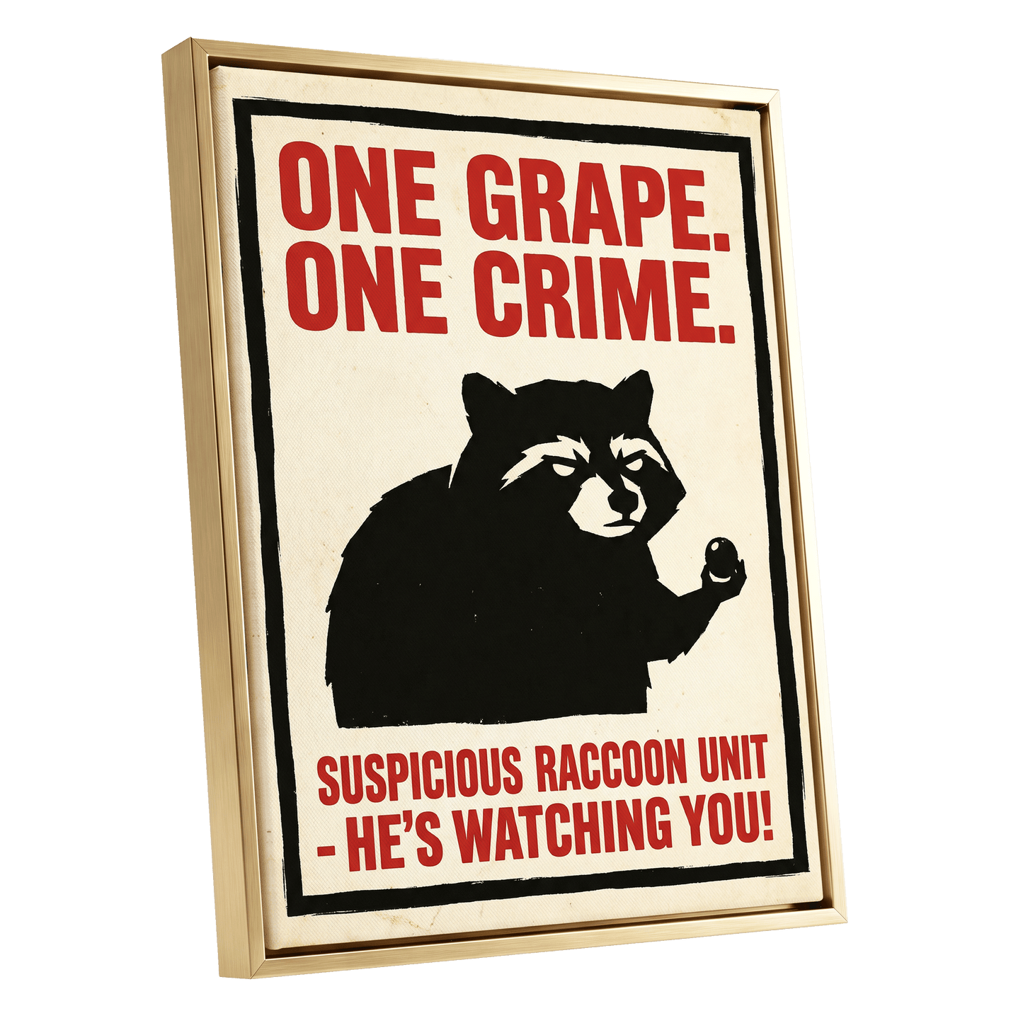 Suspicious Raccoon Unit, black, beige, red nature wall art shown as a gold framed canvas wall art
