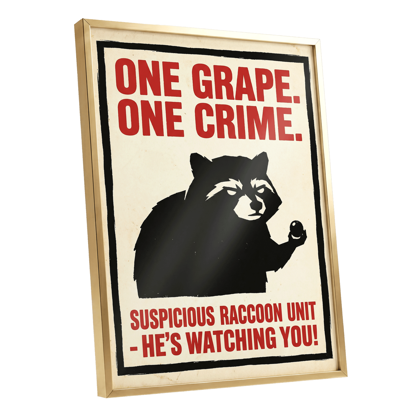 Suspicious Raccoon Unit, black, beige, red nature wall art shown as a gold framed poster wall art print