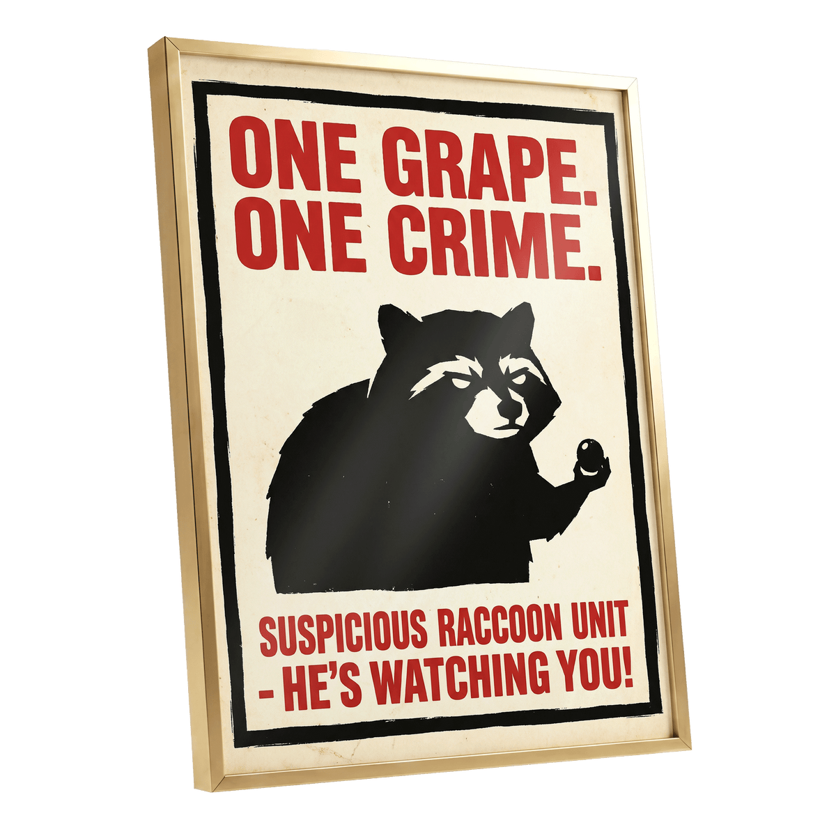 Suspicious Raccoon Unit, black, beige, red nature wall art shown as a gold framed poster wall art print