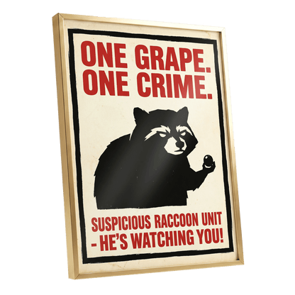 Suspicious Raccoon Unit, black, beige, red nature wall art shown as a gold framed poster wall art print
