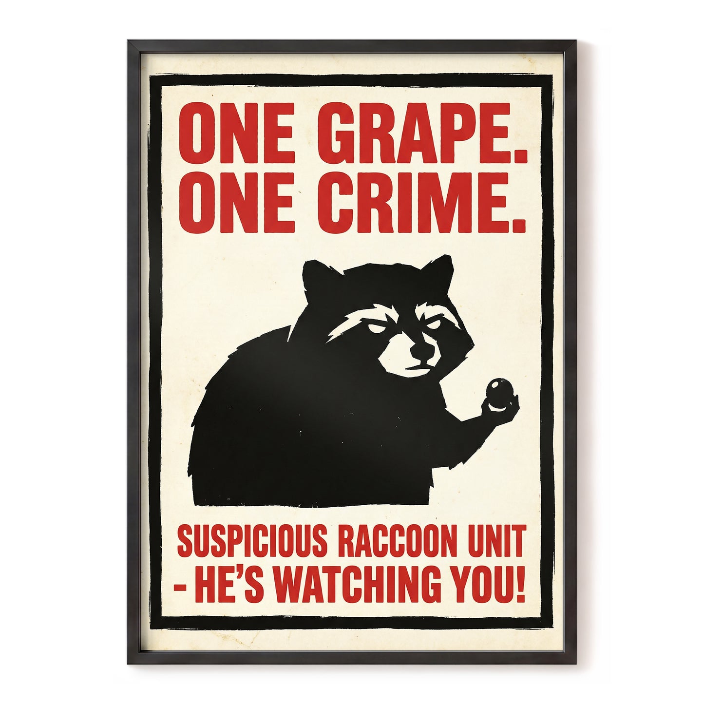 Suspicious Raccoon Unit, black, beige, red nature wall art, front artwork view