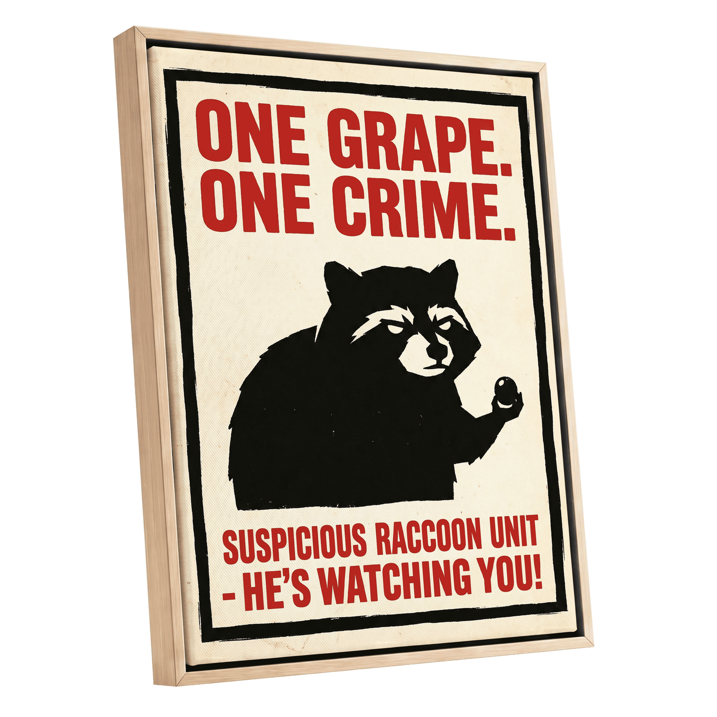 Suspicious Raccoon Unit, black, beige, red nature wall art shown as a oak framed canvas wall art