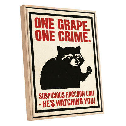 Suspicious Raccoon Unit, black, beige, red nature wall art shown as a oak framed canvas wall art