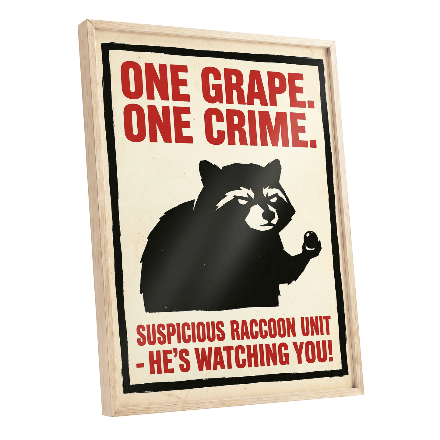 Suspicious Raccoon Unit, black, beige, red nature wall art shown as a oak framed poster wall art print