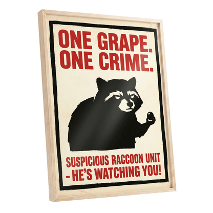 Suspicious Raccoon Unit, black, beige, red nature wall art shown as a oak framed poster wall art print