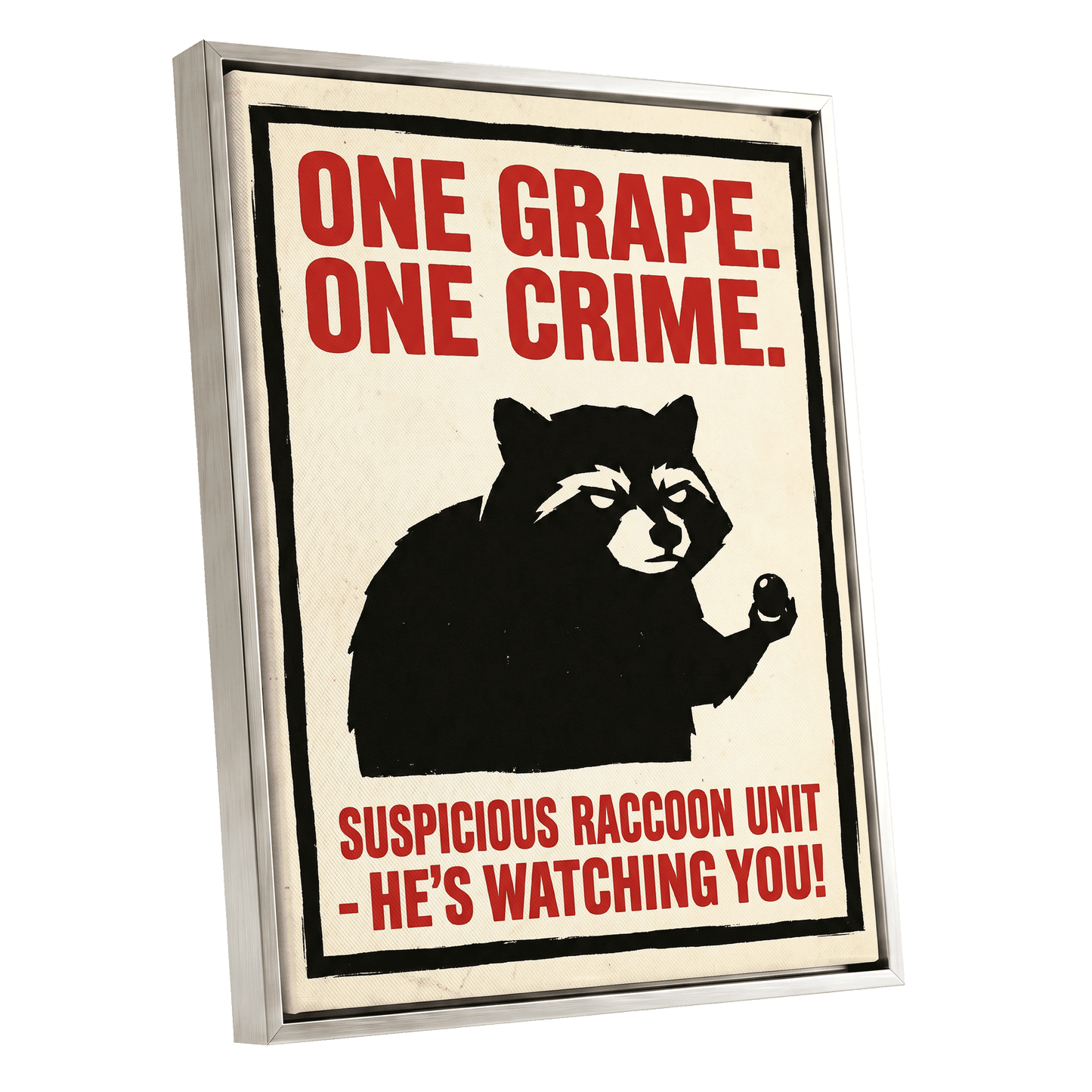 Suspicious Raccoon Unit, black, beige, red nature wall art shown as a silver framed canvas wall art