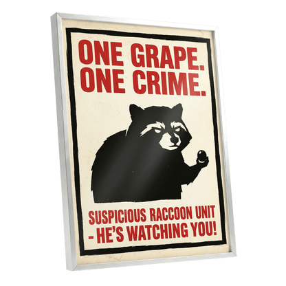 Suspicious Raccoon Unit, black, beige, red nature wall art shown as a silver framed poster wall art print
