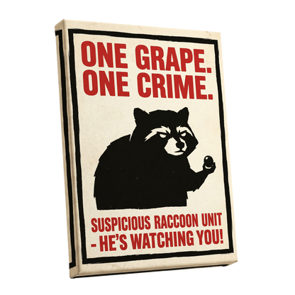 Suspicious Raccoon Unit, black, beige, red nature wall art shown as a stretched canvas wall art