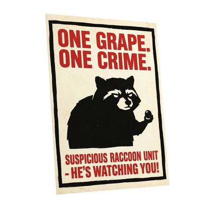 Suspicious Raccoon Unit, black, beige, red nature wall art shown as a unframed poster wall art print