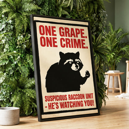 Suspicious Raccoon Unit, black, beige, red nature wall art displayed in a styled interior, gallery view 1