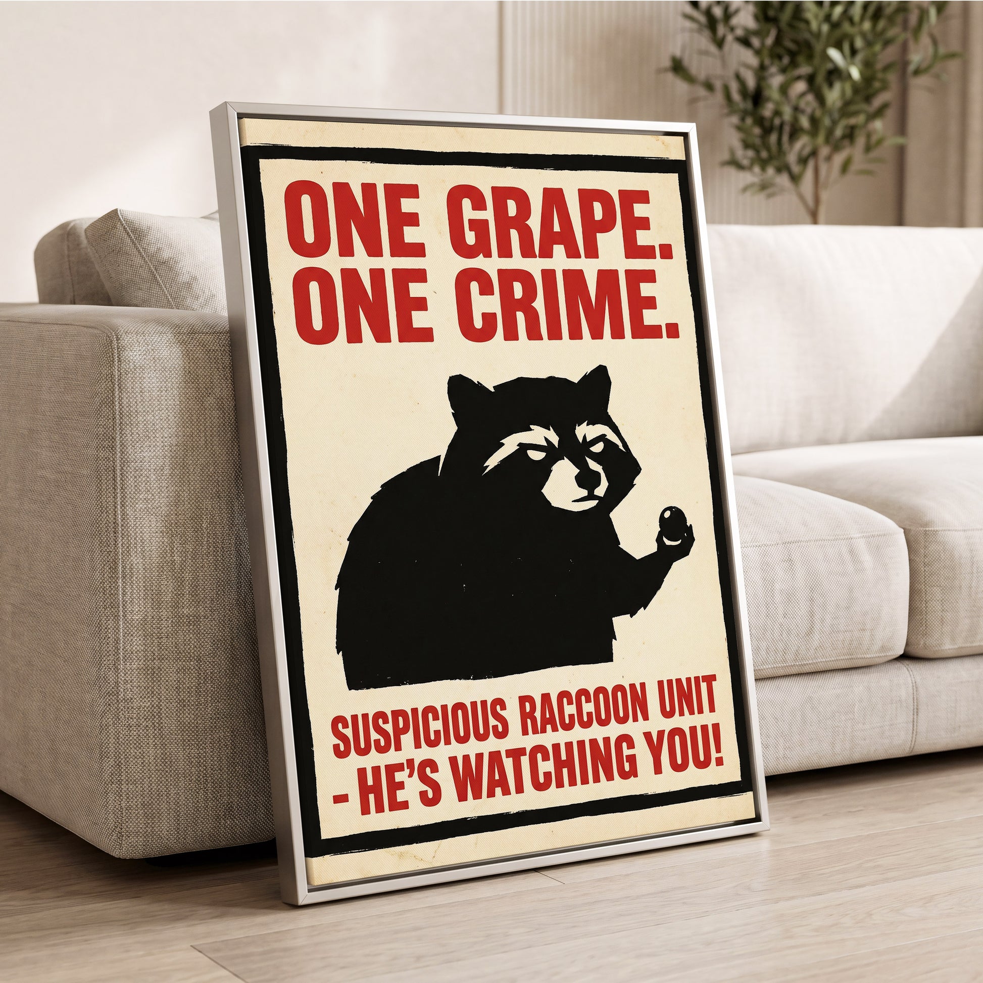 Suspicious Raccoon Unit, black, beige, red nature wall art displayed in a styled interior, gallery view 2