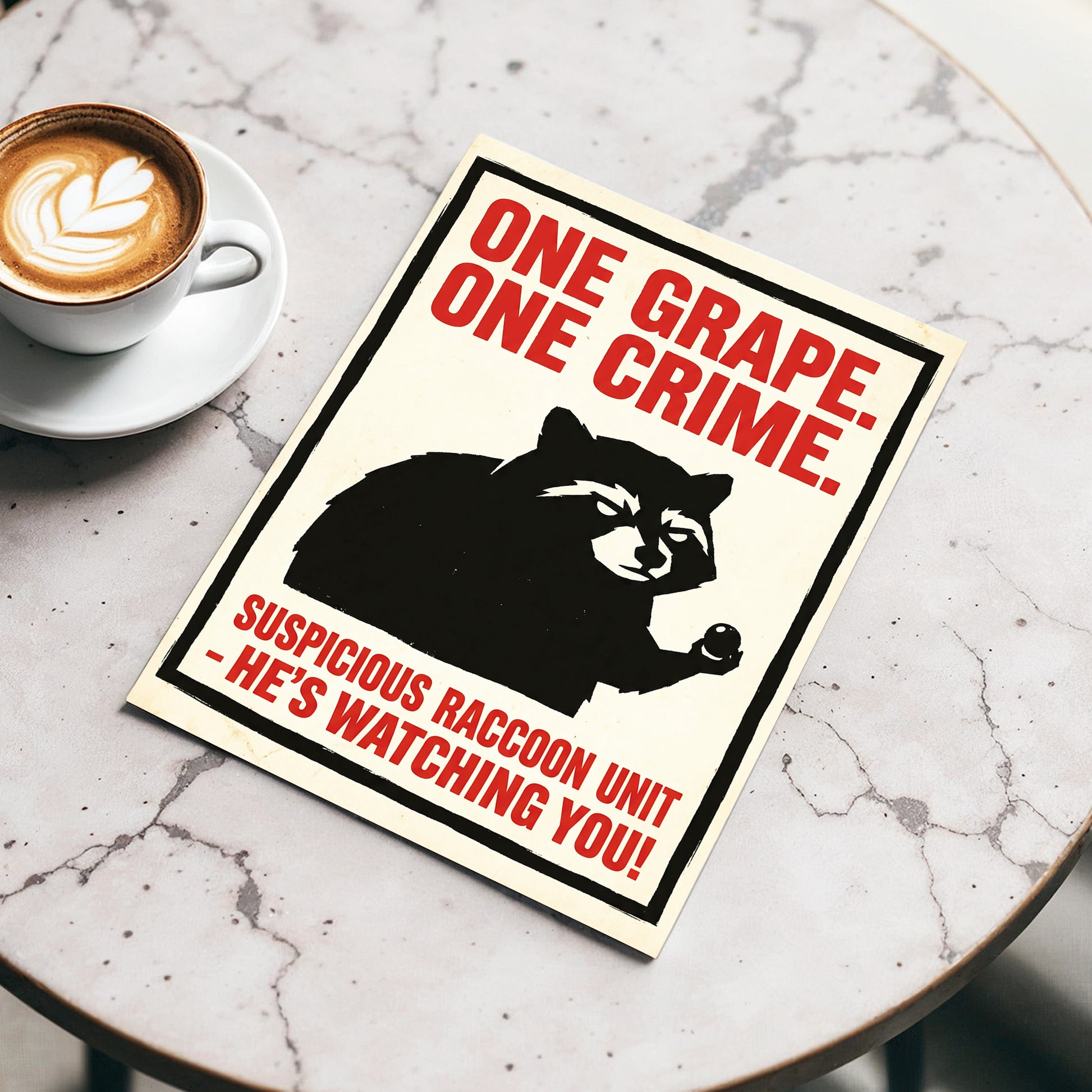 Suspicious Raccoon Unit, black, beige, red nature wall art displayed in a styled interior, gallery view 3
