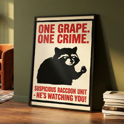 Suspicious Raccoon Unit, black, beige, red nature wall art displayed in a styled interior, gallery view 4