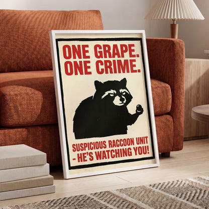 Suspicious Raccoon Unit, black, beige, red nature wall art displayed in a styled interior, gallery view 6