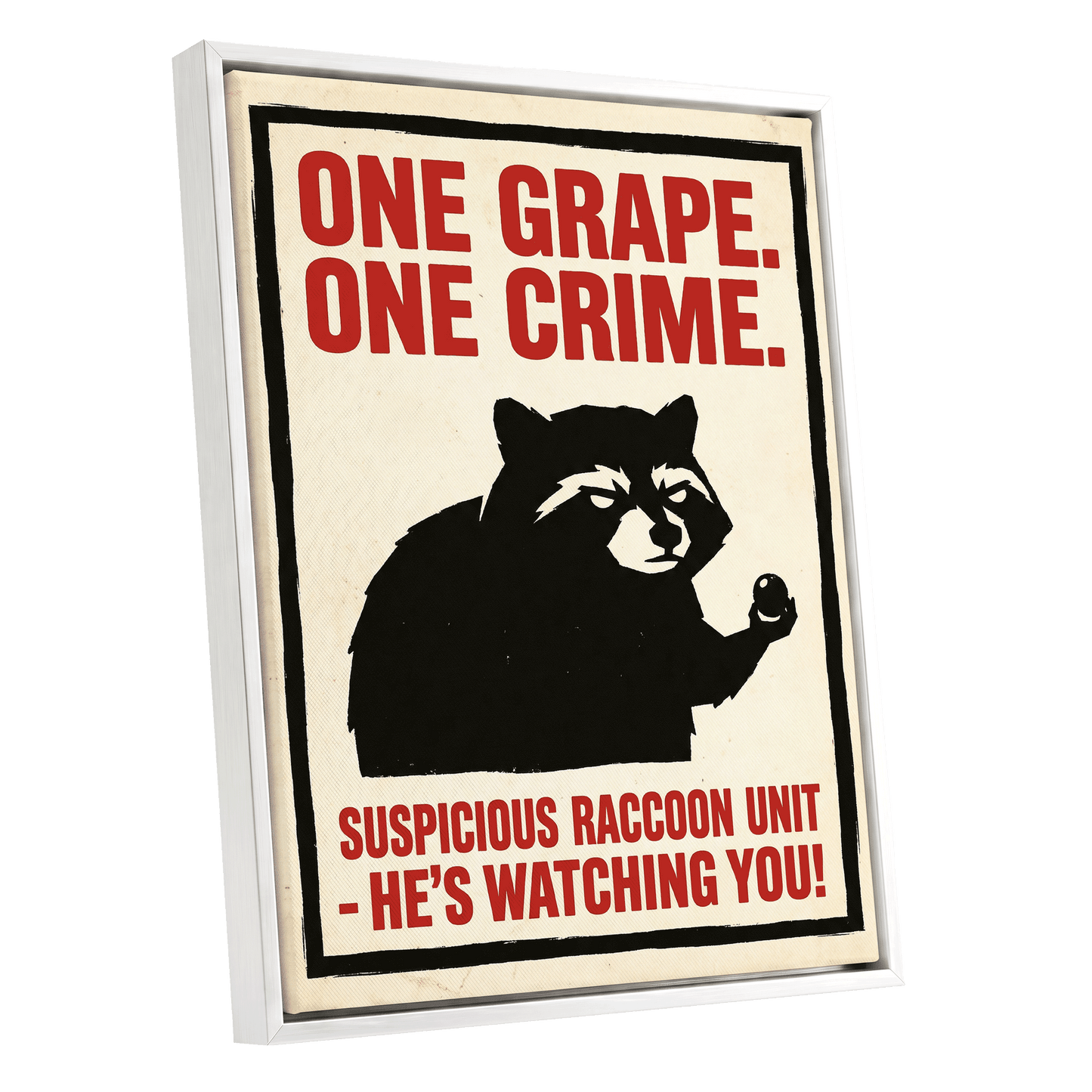 Suspicious Raccoon Unit, black, beige, red nature wall art shown as a white framed canvas wall art