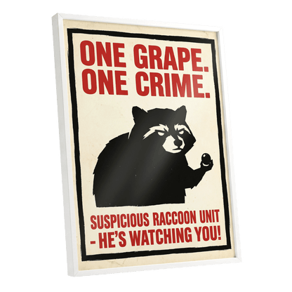 Suspicious Raccoon Unit, black, beige, red nature wall art shown as a white framed poster wall art print