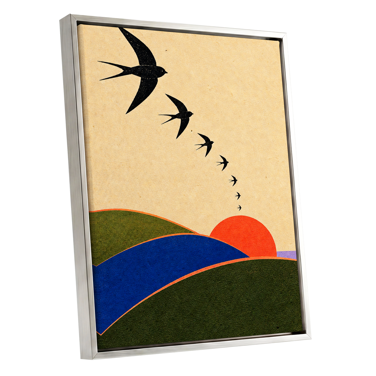 Swallows at Sundown, black, beige, green nature wall art shown as a silver framed canvas wall art