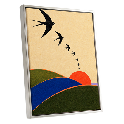 Swallows at Sundown, black, beige, green nature wall art shown as a silver framed canvas wall art