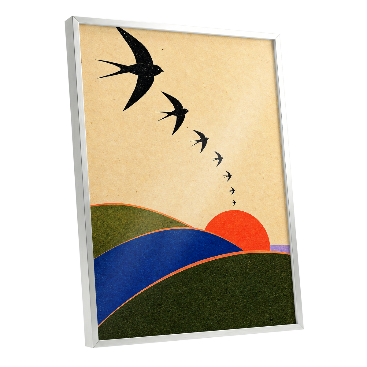 Swallows at Sundown, black, beige, green nature wall art shown as a silver framed poster wall art print