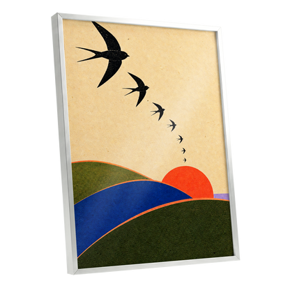 Swallows at Sundown, black, beige, green nature wall art shown as a silver framed poster wall art print
