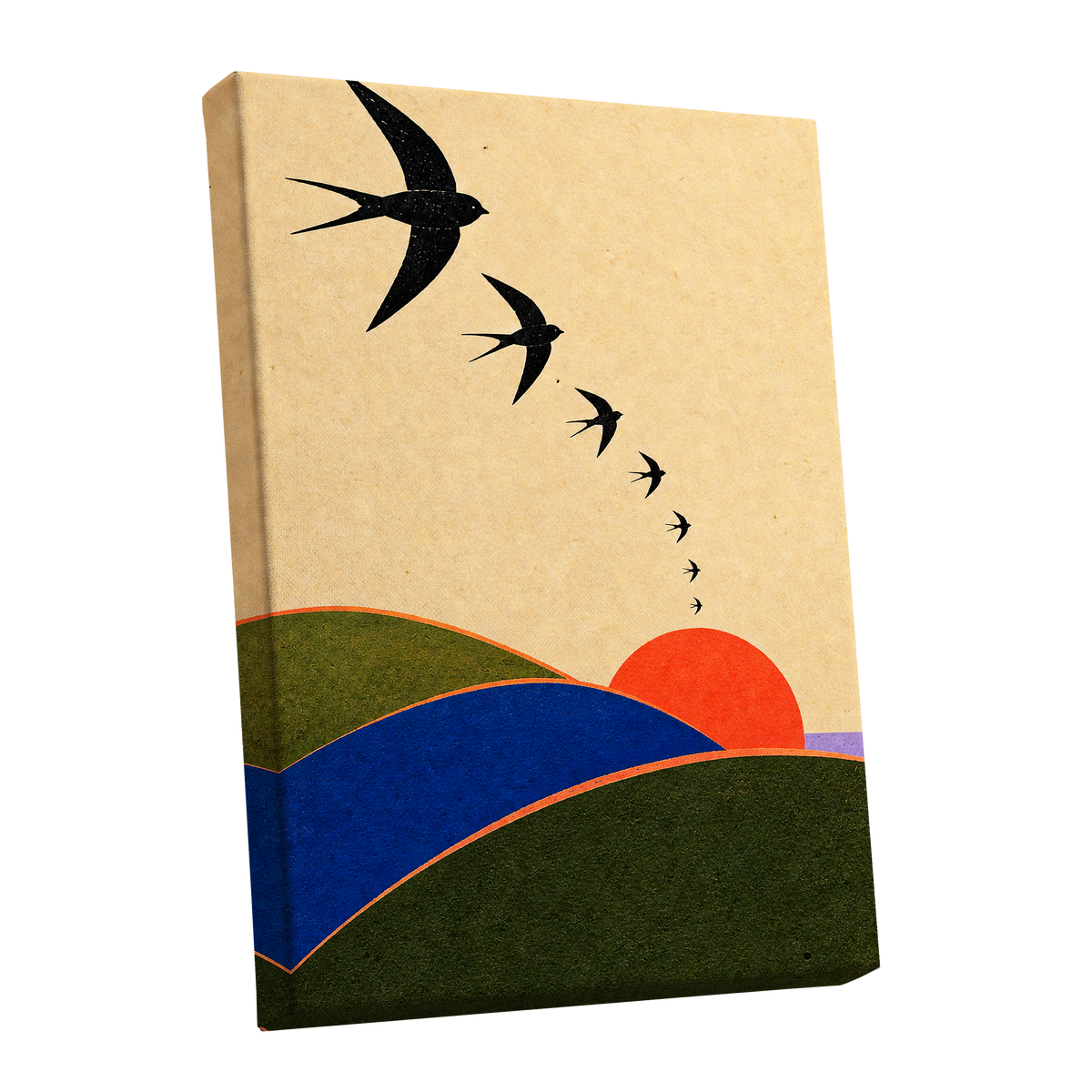Swallows at Sundown, black, beige, green nature wall art shown as a stretched canvas wall art