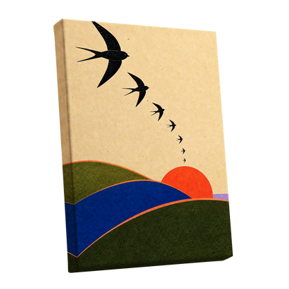 Swallows at Sundown, black, beige, green nature wall art shown as a stretched canvas wall art