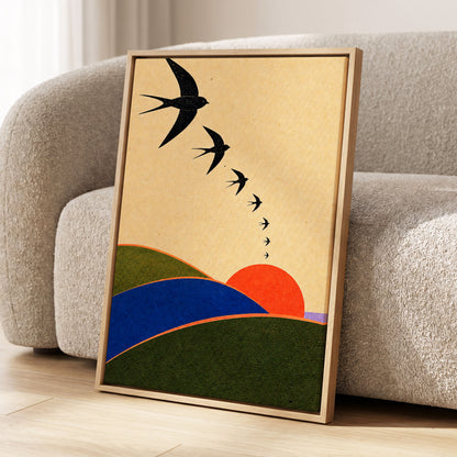 Swallows at Sundown, black, beige, green nature wall art displayed in a styled interior, gallery view 4