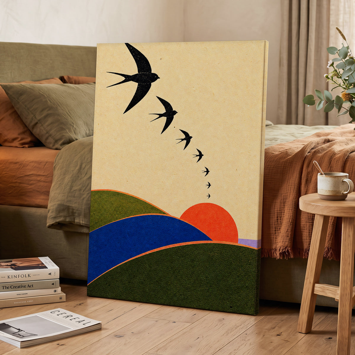 Swallows at Sundown, black, beige, green nature wall art displayed in a styled interior, gallery view 7