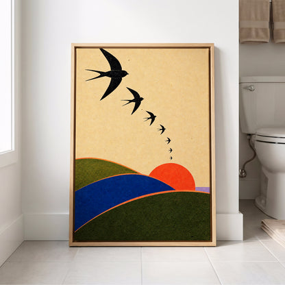 Swallows at Sundown, black, beige, green nature wall art displayed in a styled interior, gallery view 8