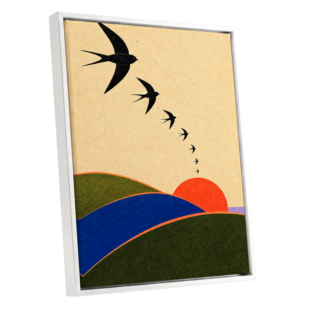 Swallows at Sundown, black, beige, green nature wall art shown as a white framed canvas wall art