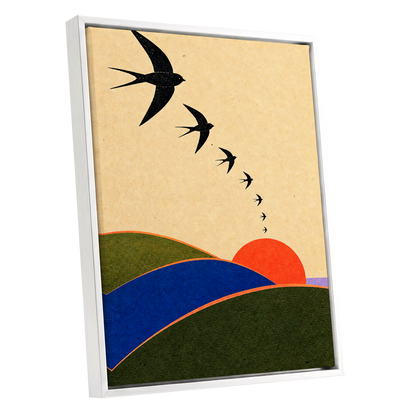 Swallows at Sundown, black, beige, green nature wall art shown as a white framed canvas wall art