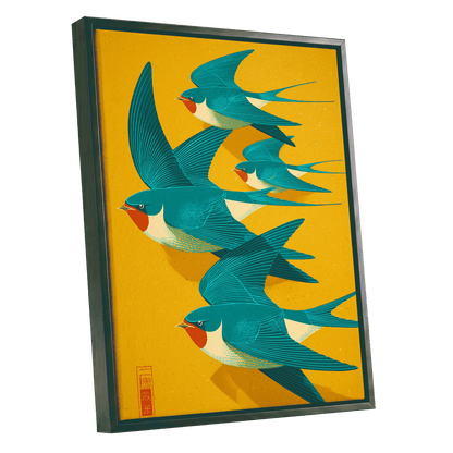 Swallows in Golden Flight, blue, green, gold nature wall art shown as a black framed canvas wall art