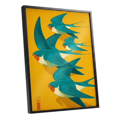 Swallows in Golden Flight, blue, green, gold nature wall art shown as a black framed poster wall art print