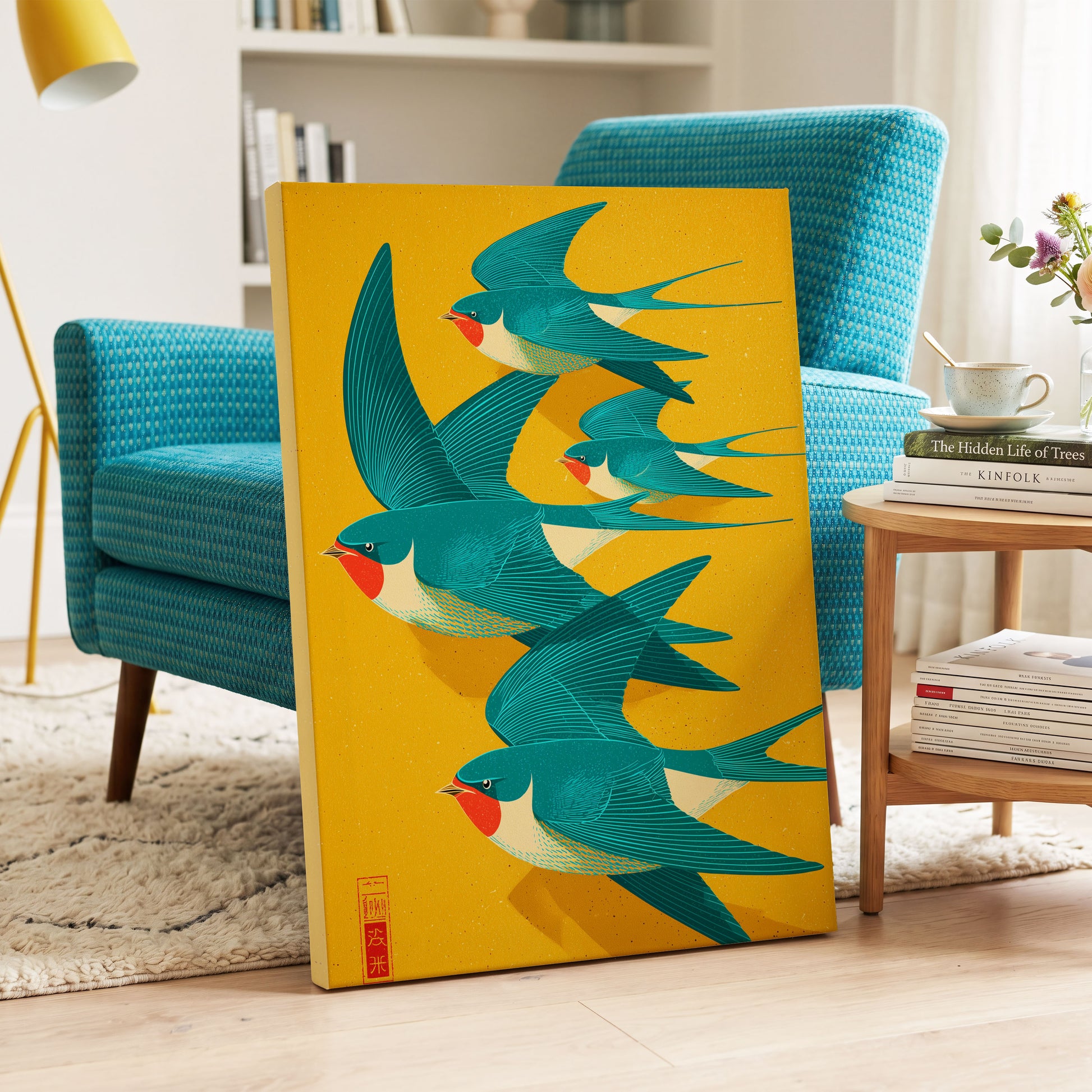 Swallows in Golden Flight, blue, green, gold nature wall art on canvas displayed in a styled interior, gallery view 1