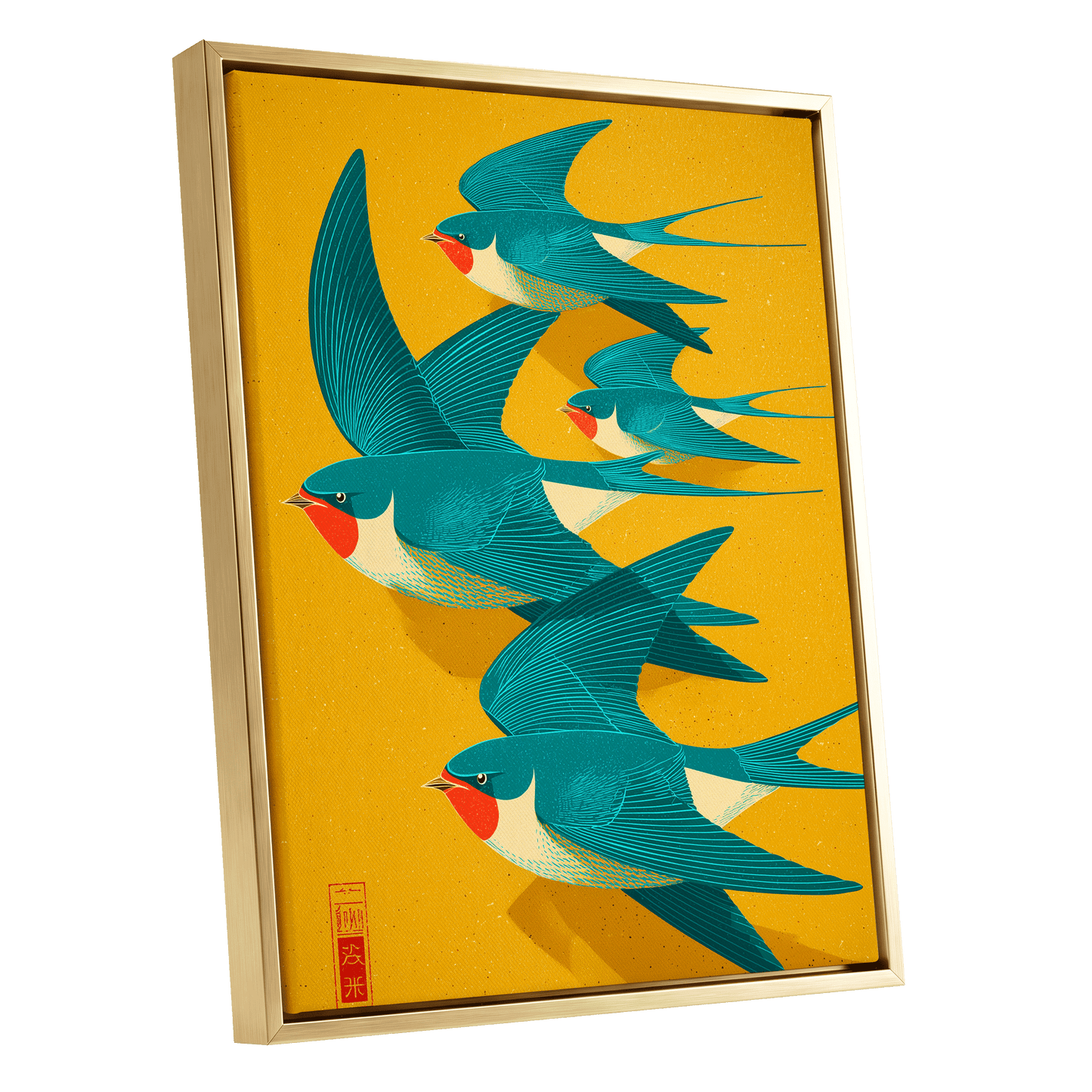 Swallows in Golden Flight, blue, green, gold nature wall art shown as a gold framed canvas wall art