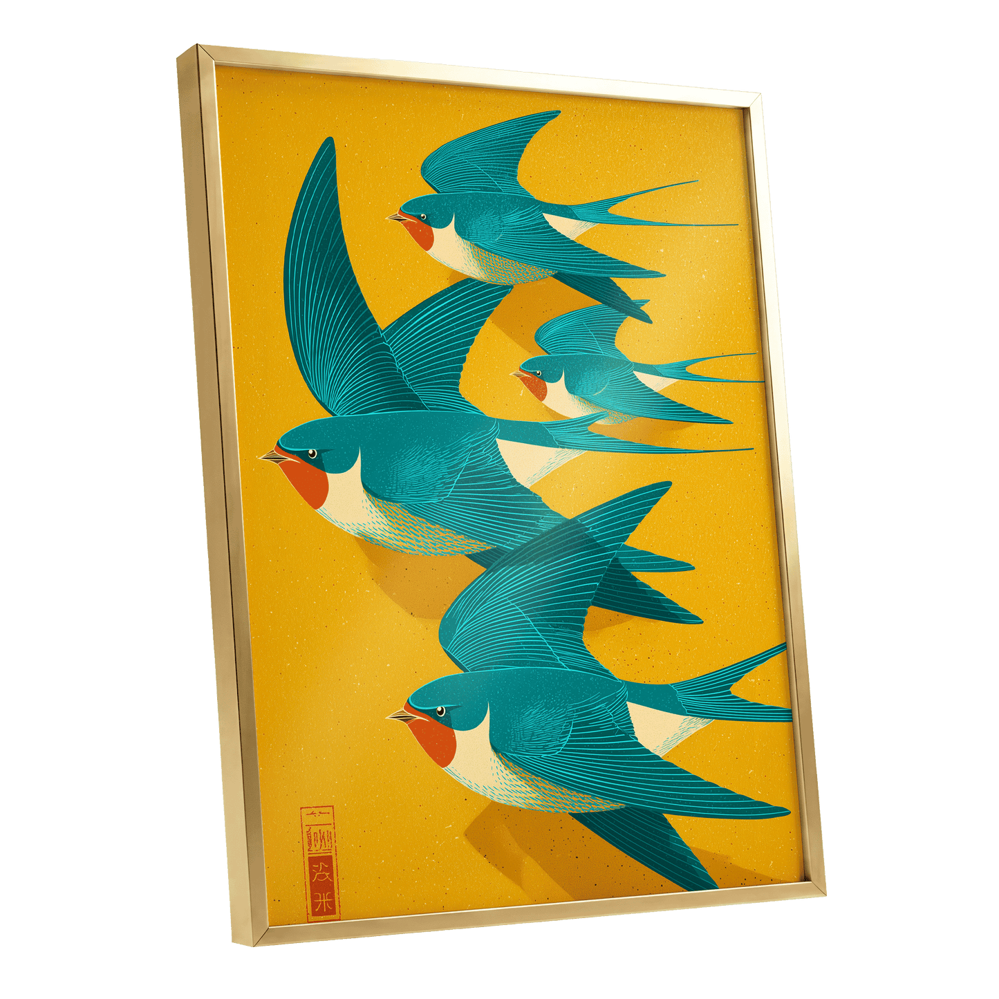 Swallows in Golden Flight, blue, green, gold nature wall art shown as a gold framed poster wall art print