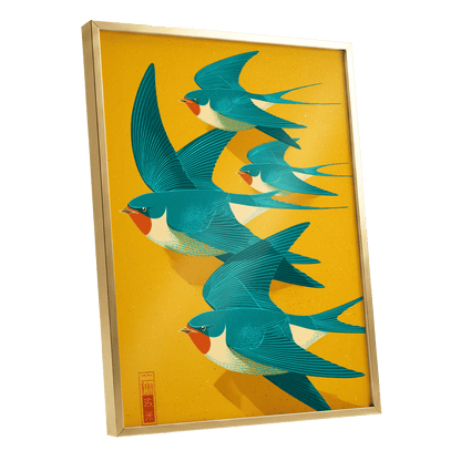 Swallows in Golden Flight, blue, green, gold nature wall art shown as a gold framed poster wall art print