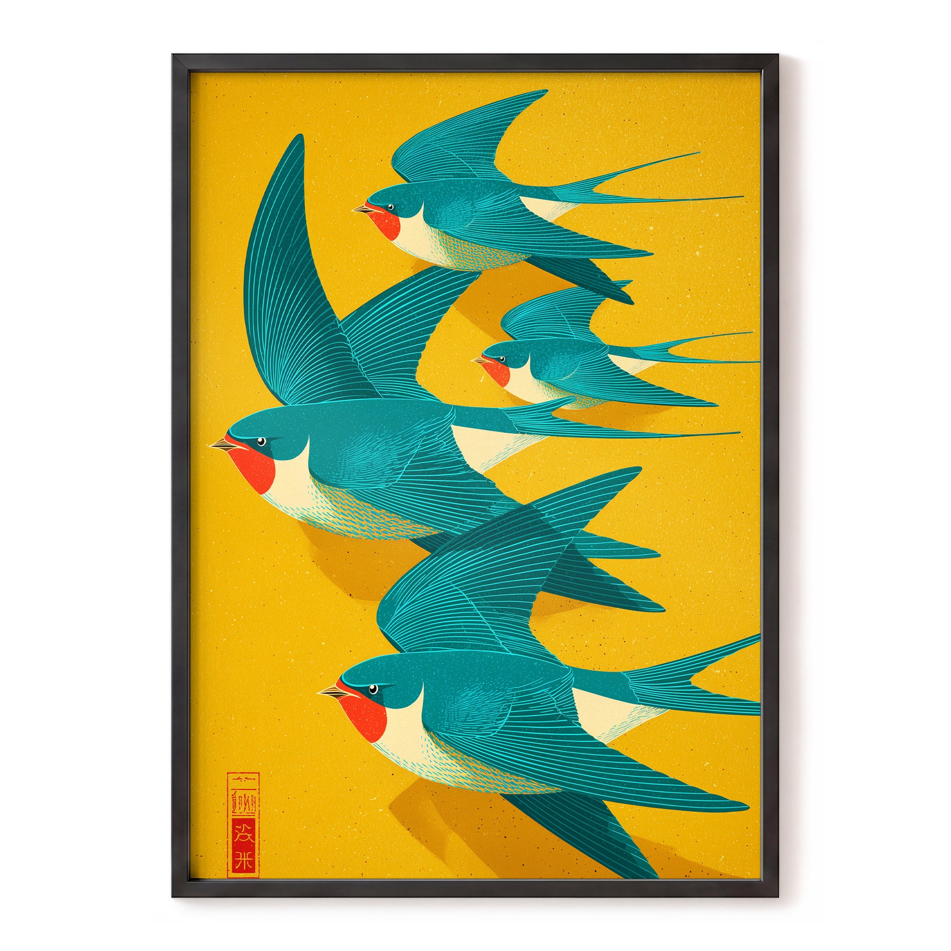 Swallows in Golden Flight, blue, green, gold nature wall art, front artwork view