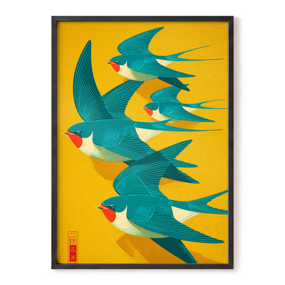Swallows in Golden Flight, blue, green, gold nature wall art, front artwork view