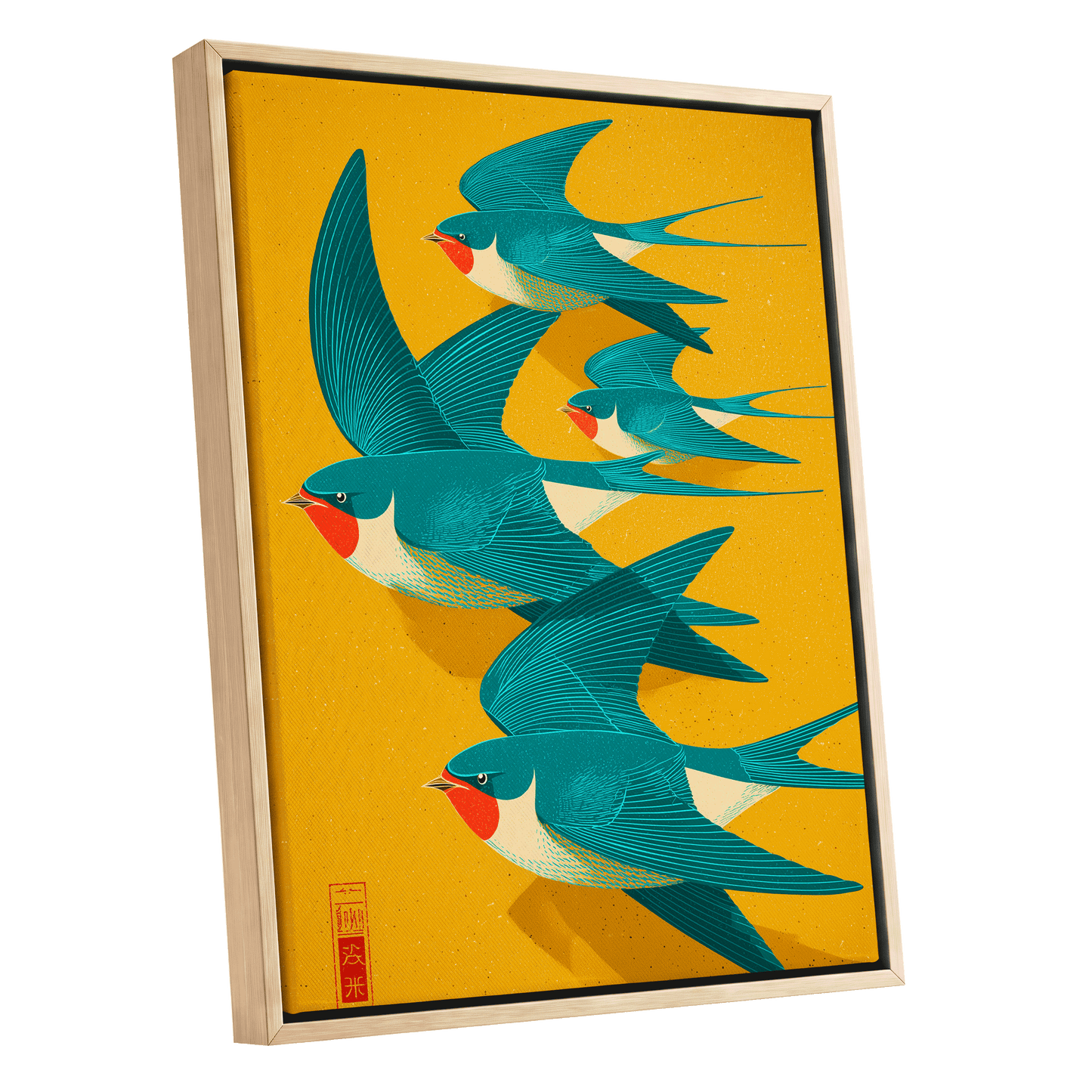Swallows in Golden Flight, blue, green, gold nature wall art shown as a oak framed canvas wall art