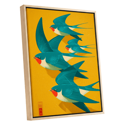 Swallows in Golden Flight, blue, green, gold nature wall art shown as a oak framed canvas wall art