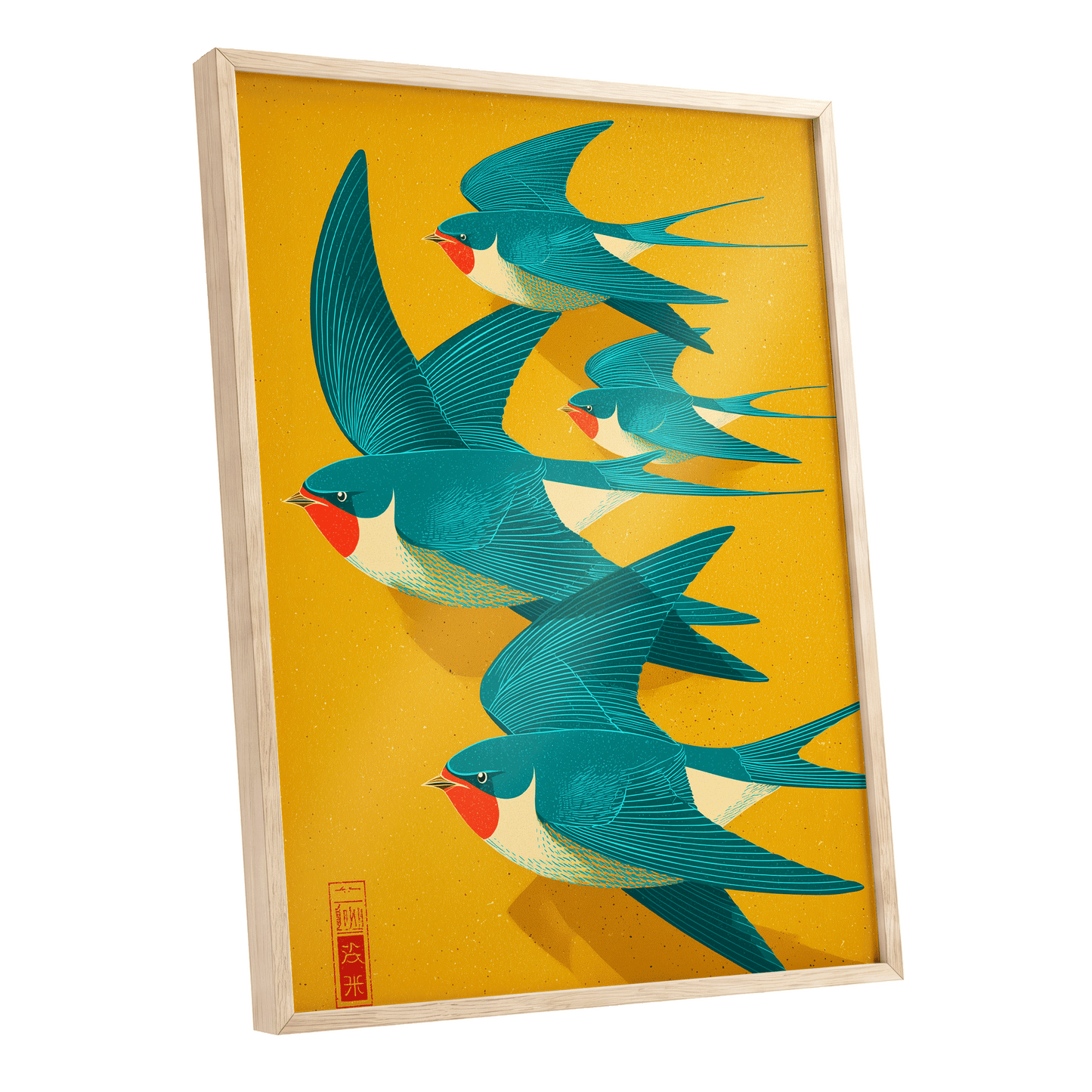 Swallows in Golden Flight, blue, green, gold nature wall art shown as a oak framed poster wall art print