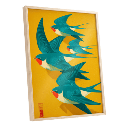 Swallows in Golden Flight, blue, green, gold nature wall art shown as a oak framed poster wall art print