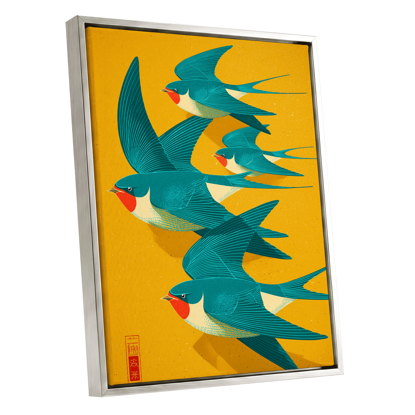 Swallows in Golden Flight, blue, green, gold nature wall art shown as a silver framed canvas wall art