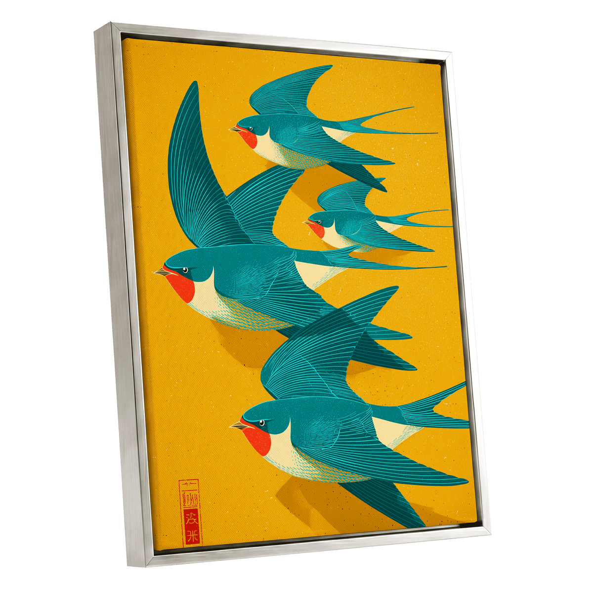 Swallows in Golden Flight, blue, green, gold nature wall art shown as a silver framed canvas wall art