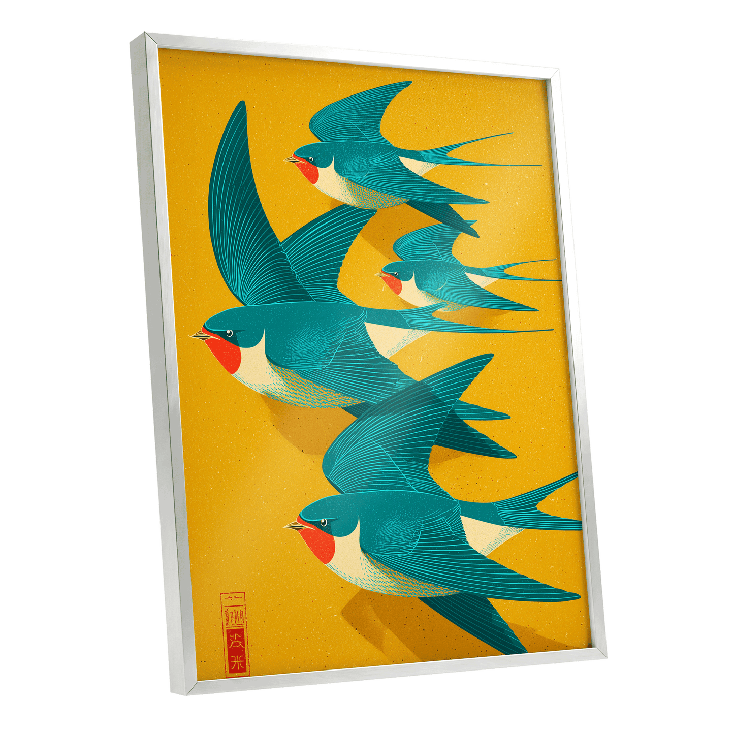 Swallows in Golden Flight, blue, green, gold nature wall art shown as a silver framed poster wall art print