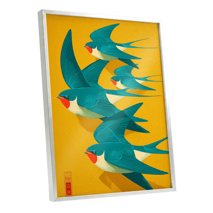 Swallows in Golden Flight, blue, green, gold nature wall art shown as a silver framed poster wall art print
