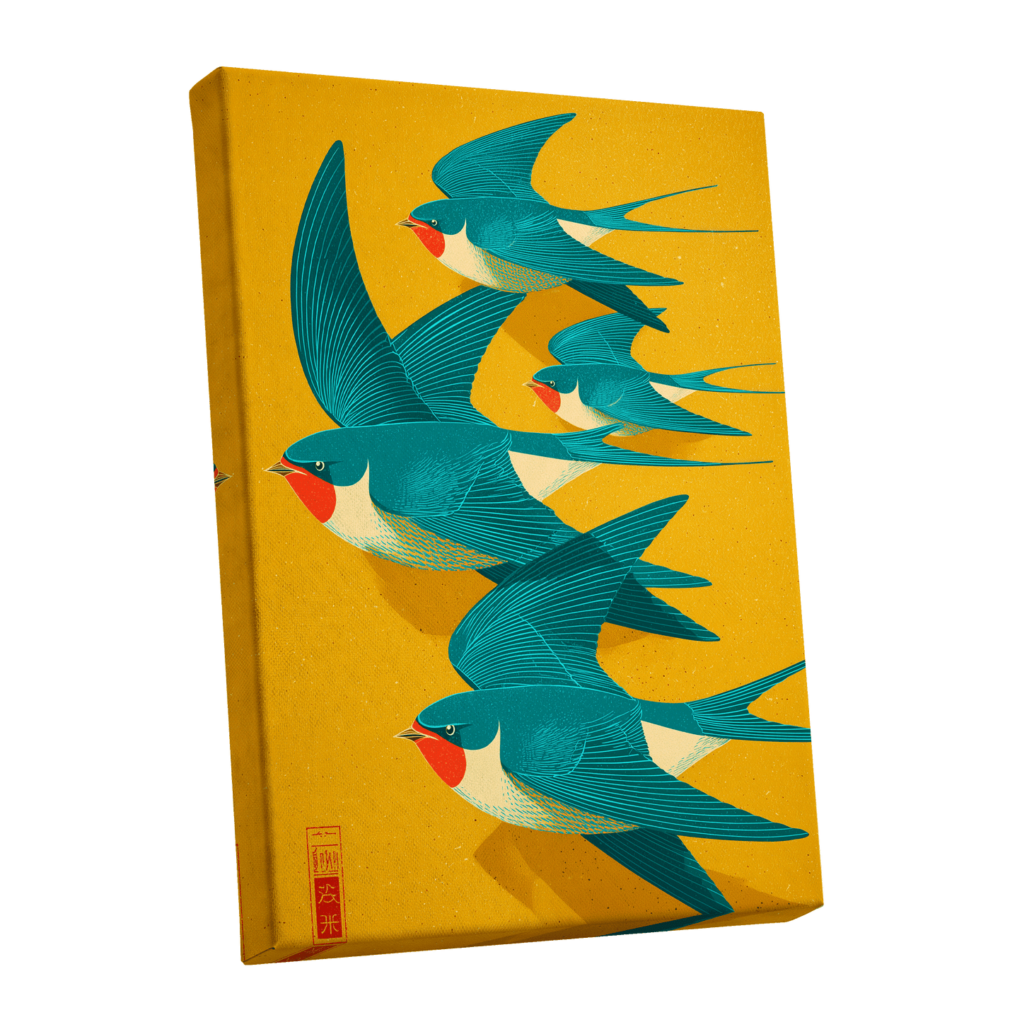Swallows in Golden Flight, blue, green, gold nature wall art shown as a stretched canvas wall art