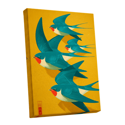 Swallows in Golden Flight, blue, green, gold nature wall art shown as a stretched canvas wall art